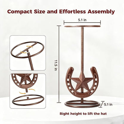 2 PCS Cowboy Hat Stand, Cowboy Hat Holder, Hat Display Stand, Western Horseshoe Decor, Desk Hat Rack for Fedora Sun Straw Hats, Tabletop Hat Stands, Iron, Bronze Finish, 5.1 x 5.1 x 11.5 in