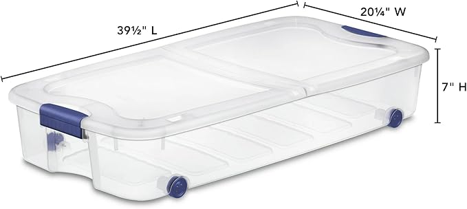 66 Quart Wheeled Latch Box, Clear Underbed Storage Bin with Lid, Blue