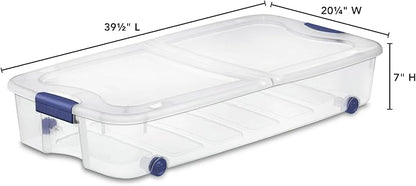 66 Quart Wheeled Latch Box, Clear Underbed Storage Bin with Lid, Blue