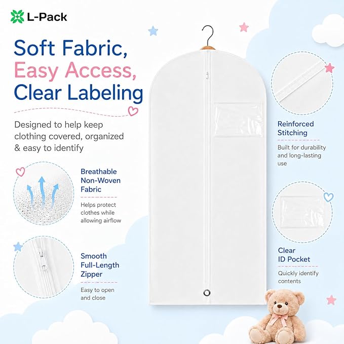 Kids Garment Bag for Hanging Clothes, Travel Garment Bag for Dresses, Dance Costumes & Suits, Breathable Clothes Cover for Baby Toddler Child, White, 30" x 18"