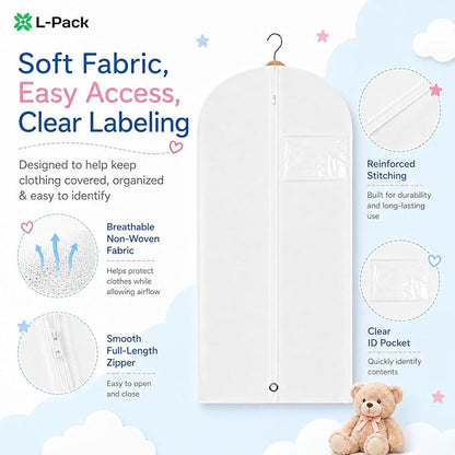 Kids Garment Bag for Hanging Clothes, Travel Garment Bag for Dresses, Dance Costumes & Suits, Breathable Clothes Cover for Baby Toddler Child, White, 30" x 18"
