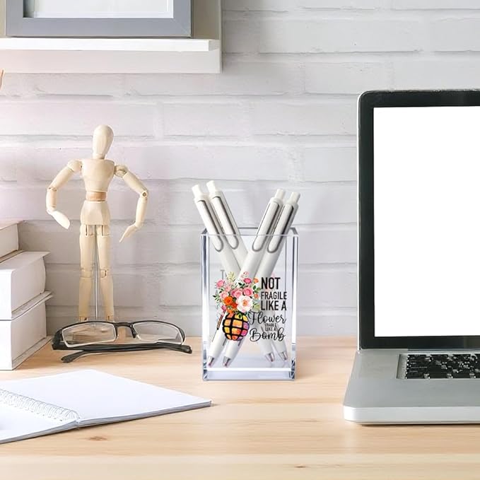 Not Fragile Like a Flower Fragile Like a Bomb Acrylic Cosmetic Pencil Pen Holder Cup, Floral Funny Desk Organizer for Home Office Decor, Feminist RBG Gifts, Strong Women Power Gifts for Girls