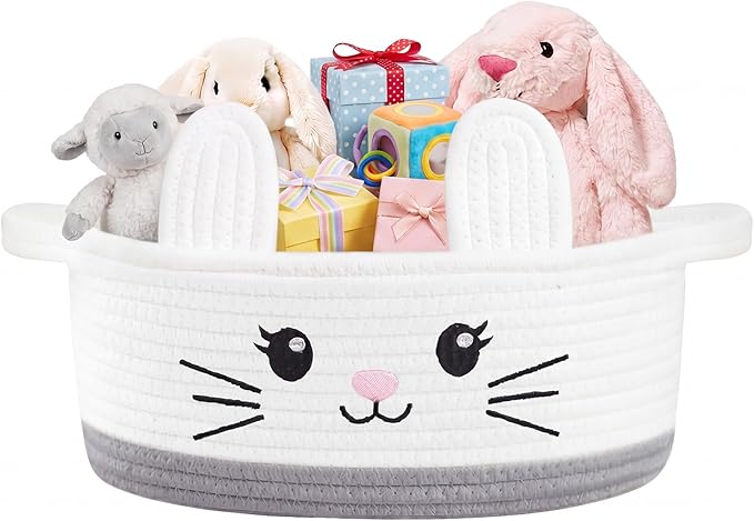 Small Woven Storage Basket with Handle, Cute Cotton Rope Bunny Baskets for Gift Empty, Storage Basket for Toy Organizer