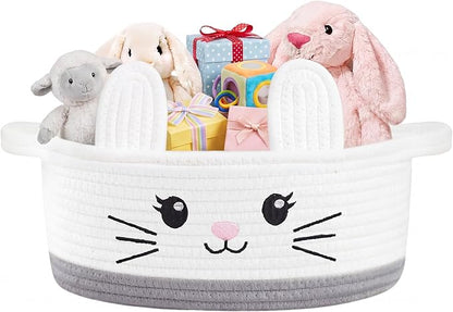 Small Woven Storage Basket with Handle, Cute Cotton Rope Bunny Baskets for Gift Empty, Storage Basket for Toy Organizer