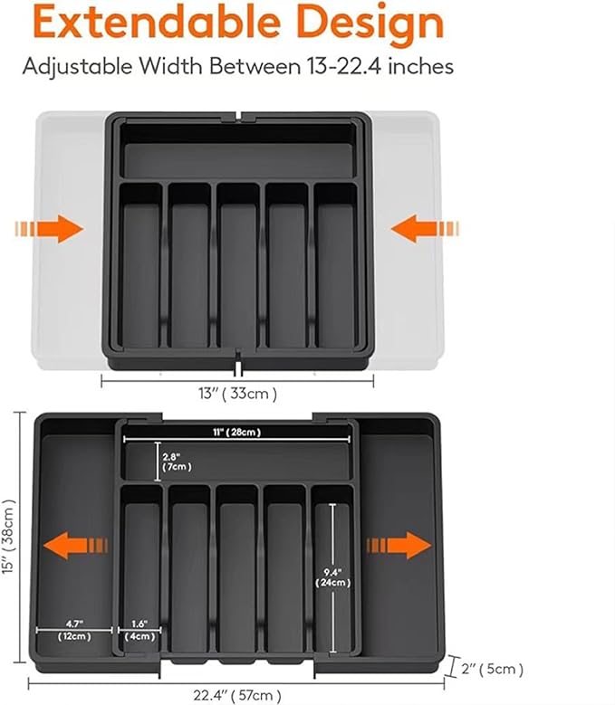 Expandable Silverware Drawer Organizer - BPA Free Flatware and Cutlery Holder, Adjustable Large Plastic Storage Tray for Kitchen Spoons Forks Knives, Black