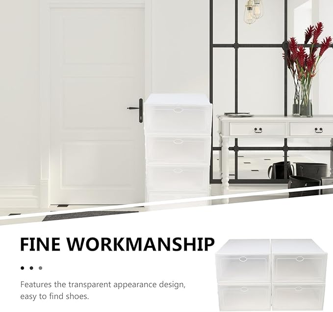LABRIMP Thickened Plastic Shoe Boxes with White Frame 4pcs Waterproof Dustproof Home Shoe Storage Organizers