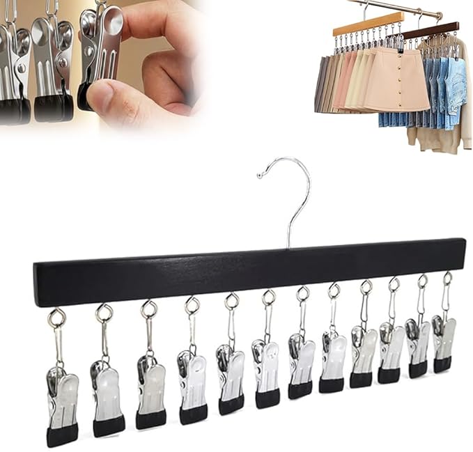 Closet Organizer with 10 Clips, Space Saving Hanging Closet Organizer, Space-Saving Hat Scarf Clothespins for Jeans Skirts Socks Pant Hangers with Clips (1, black-12 Clamps)