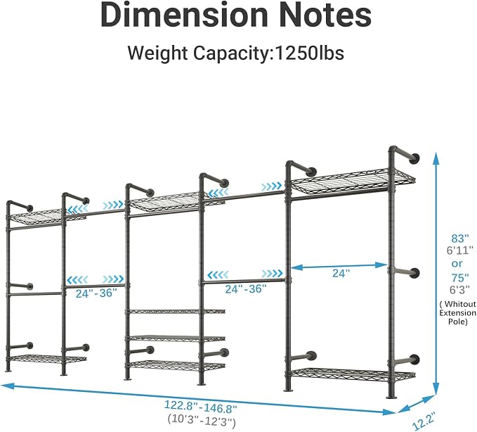 Timate F5 Expandable Wall Mounted Clothes Rack with 8 Adjustable Shelves & 4 Expandable Hanger Rods, Heavy Duty Industrial Pipe Clothing Rack for Hanging Clothes, Fits Spaces 10'3"- 12'3", Black