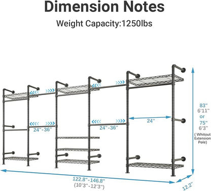 Timate F5 Expandable Wall Mounted Clothes Rack with 8 Adjustable Shelves & 4 Expandable Hanger Rods, Heavy Duty Industrial Pipe Clothing Rack for Hanging Clothes, Fits Spaces 10'3"- 12'3", Black