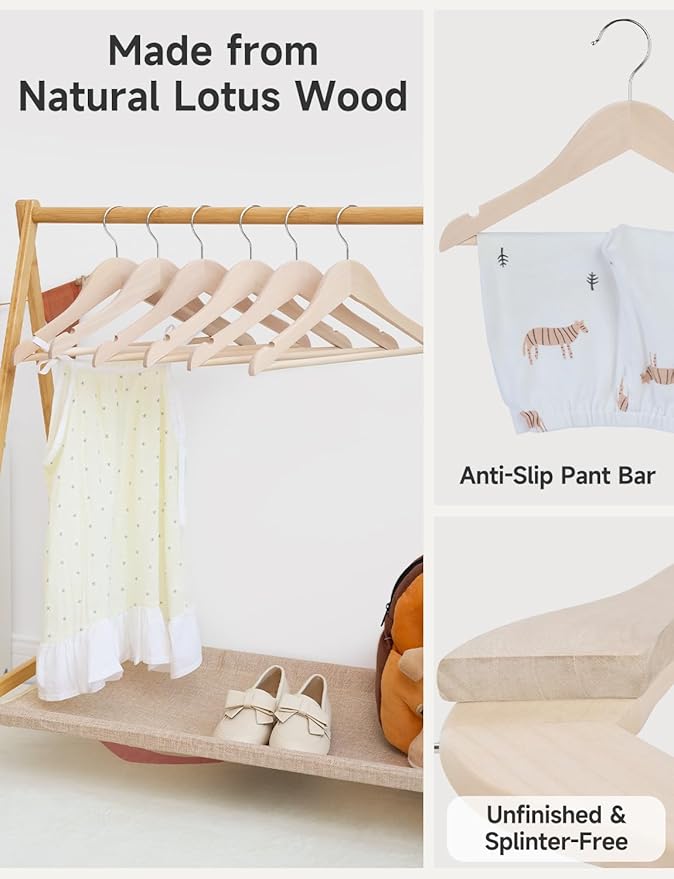 StorageWorks Baby Hangers 20 Pack, Lotus Wood Clothes Organizer for Toddler, Kids Wooden Hanger with Pant Bar for Closet, Natural Lotus Wood Color