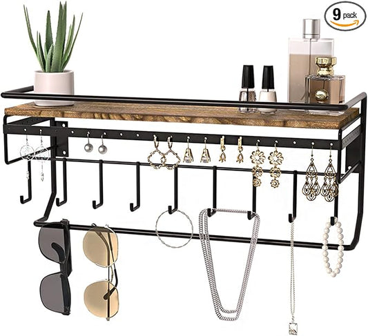 JackCubeDesign Hanging Jewelry Organizer with 9 Hooks, Wall Mount Necklace Earring Bracelet Sunglass Holder with Torched Wood Shelf (Black Metal) - MK237C