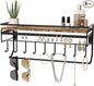 JackCubeDesign Hanging Jewelry Organizer with 9 Hooks, Wall Mount Necklace Earring Bracelet Sunglass Holder with Torched Wood Shelf (Black Metal) - MK237C