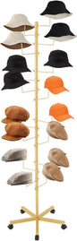 Hat Rack with 16 Circular Hooks, Metal Hat Display Stand, Freestanding Rotating Hat Stand, Adjustable Large Hats Display Rack, Modern Floor Wig Rack for Home Retail Store (Gold)