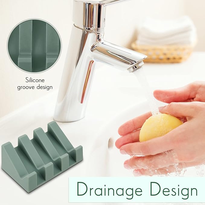 Cunhill 2 Pieces Silicone Soap Dish Self Draining Soap Dish Shower Waterfall Bar Soap Holder Tray with Drain Soap Saver for Kitchen Bathroom Accessories (Light Green)