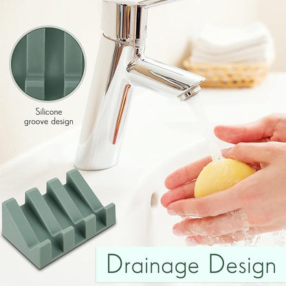 Cunhill 2 Pieces Silicone Soap Dish Self Draining Soap Dish Shower Waterfall Bar Soap Holder Tray with Drain Soap Saver for Kitchen Bathroom Accessories (Light Green)