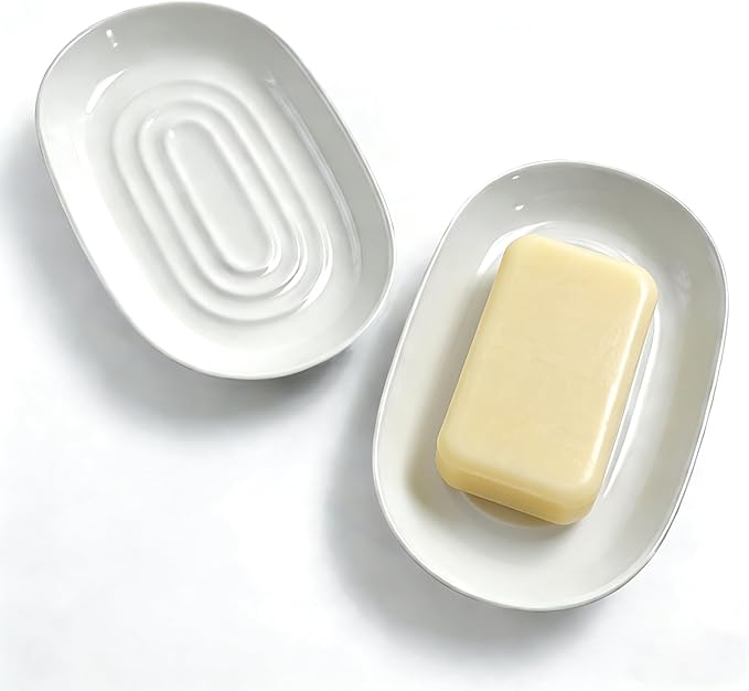 Ceramic Marble Pattern Soap Dish, Textured Raised Soap Saver Tray for Shower Bathroom Kitchen Sink Vanity, Easy to Clean Multi-Use Holder for Bar Soap Jewelry Rings Keys, White (2 Pack)