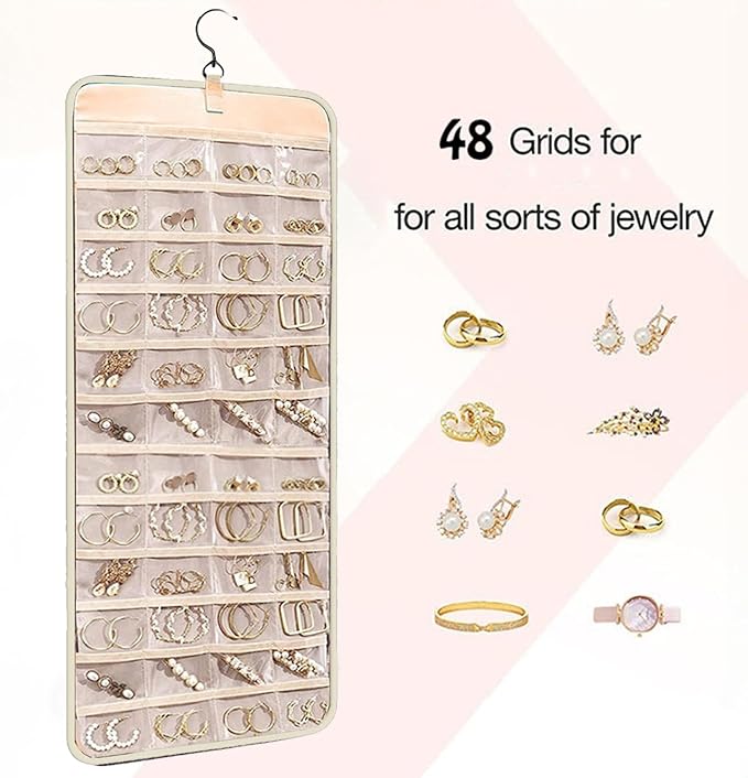 Hanging Jewelry Organizer Storage Roll with Hanger Metal Hooks Double-Sided Jewelry Holder for Earrings, Necklaces, Rings on Closet, Wall, Door, Large 14.17" x 33.07" (beige)