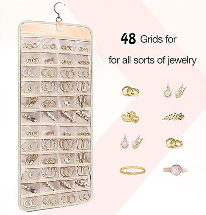 Hanging Jewelry Organizer Storage Roll with Hanger Metal Hooks Double-Sided Jewelry Holder for Earrings, Necklaces, Rings on Closet, Wall, Door, Large 14.17" x 33.07" (beige)