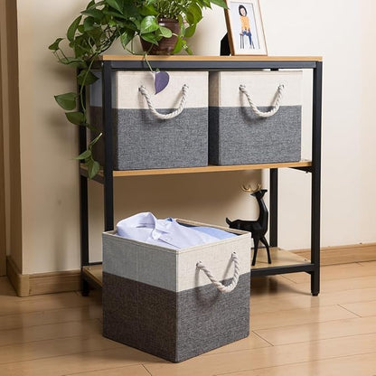 PRANDOM Large Foldable Cube Storage Bins 13x13 inch [4-Pack] Fabric Linen Storage Baskets Cubes Drawer with Cotton Handles Organizer for Shelves Nursery Closet Bedroom White and Grey