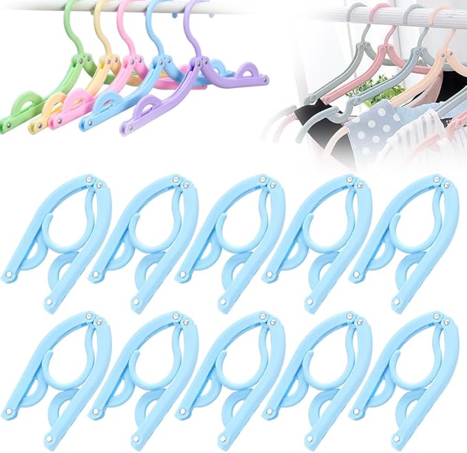 10PCS Multifunctional Plastic Folding Hanger, Retractable Portable Travel Hangers, Foldable Coat Hanger Folding Hangers for Traveling, Space Saving Clothes Hangers Portable Travel Hangers (Blue)