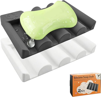Silicone Soap Dish,Self Draining Soap Holder Perfect for Shower,Bathroom Sink,Kitchen Sink & Travel,Non-Slip Bar Soap Holder Extend Soap Life,Keep Soap Bars Dry & Easy Cleaning (White+Grey)-2Pcs