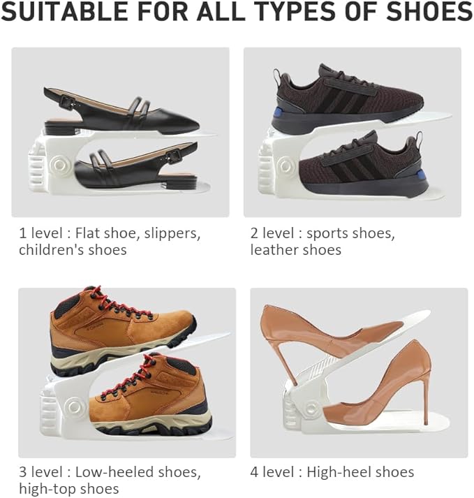 Shoe Slots Organizer - 20 Pack Shoe Stackers, 50% Space Savers, 4 Levels Adjustable Rack, White