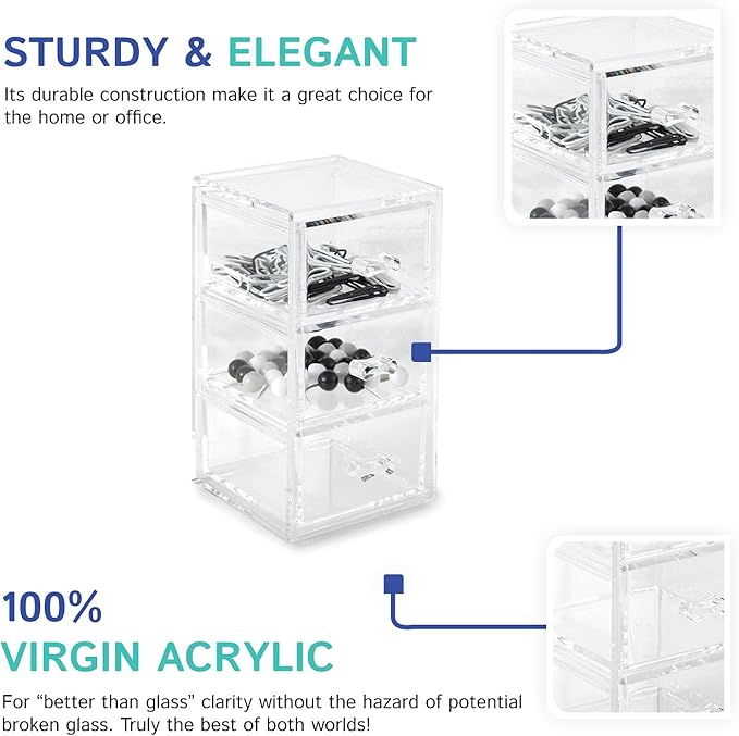 Huang Acrylic Clear Stackable Upright 3-Drawer Organizer, Makeup Jewelry Accessories Cosmetic Countertop Storage Display 3.5 x 3.25 x 5.75 inches