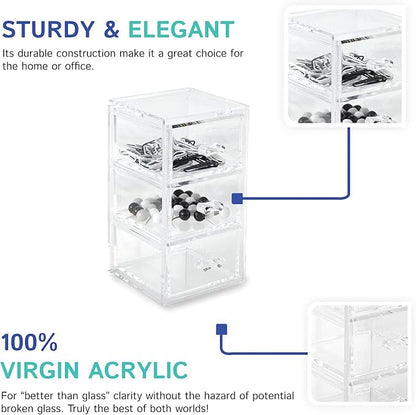 Huang Acrylic Clear Stackable Upright 3-Drawer Organizer, Makeup Jewelry Accessories Cosmetic Countertop Storage Display 3.5 x 3.25 x 5.75 inches
