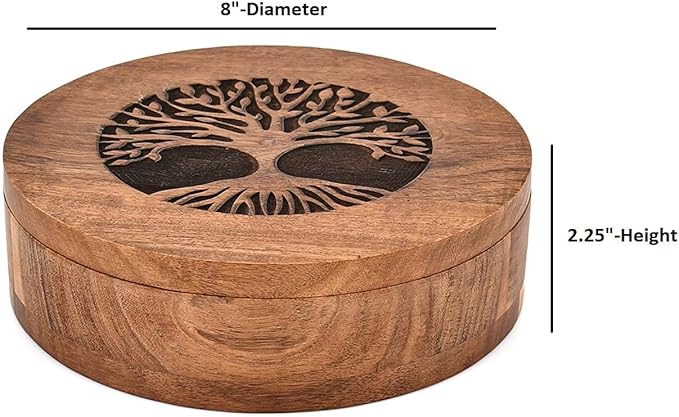 Spice Celler Black Acacia Wood Round Spice Box – Tree of Life Engraved Lid | 7 Compartment Masala Dabba for Kitchen Storage (8” X 8” X 2.25”)