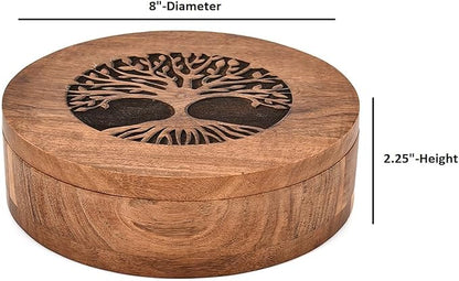 Spice Celler Black Acacia Wood Round Spice Box – Tree of Life Engraved Lid | 7 Compartment Masala Dabba for Kitchen Storage (8” X 8” X 2.25”)