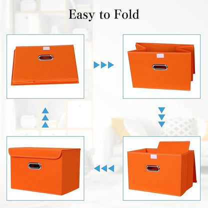 STOREONE Fabric Storage Cube Bins Foldable Organizer Container Collapsible Basket with Lids and Metal Handles, for Home, Bedroom, Closet 3 Pcs (Orange)