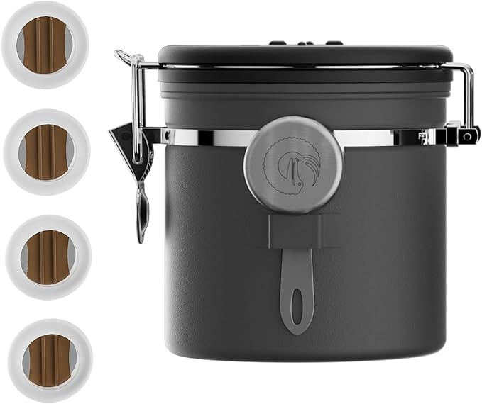 Coffee Gator Coffee Canister, 11oz Airtight Stainless Steel Kitchen Food Storage Container with Date-Tracker, CO2-Release Valve and Scoop for Beans, Grounds, Sugar, Cookies Jars, Tea, Cereal - Gray