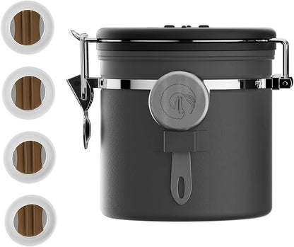 Coffee Gator Coffee Canister, 11oz Airtight Stainless Steel Kitchen Food Storage Container with Date-Tracker, CO2-Release Valve and Scoop for Beans, Grounds, Sugar, Cookies Jars, Tea, Cereal - Gray