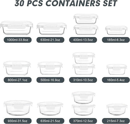 VERONES 30 Pieces Glass Meal Prep Containers Set, Stackable Food Storage Containers with Lids-Airtight Glass Lunch Containers，for Microwave, Oven, Freezer & Dishwasher,White