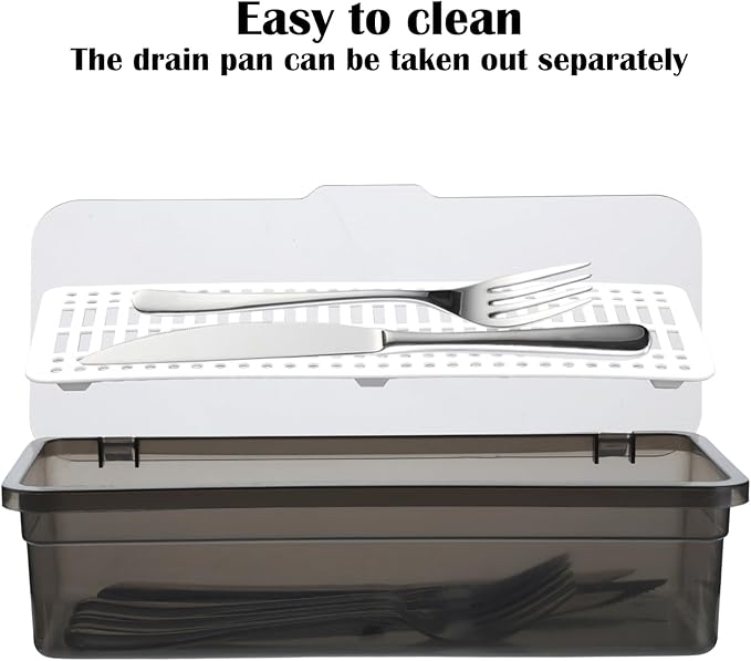 Rainmae 3Pcs Flatware Tray with Lid and Drainer, Large Plastic Silverware Utensil Kitchen Drawer Organizer Clear Cutlery Storage Container with Cover Dinnerware Holder Box for Home and Travel