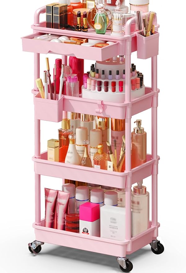 SUNALLY Makeup Cart Organizer with Drawers, 4 Tier Floor Skincare Organizers for Vanity, Rolling Makeup Bathroom Storage Cart Cosmetics Display Cases for Skin Care Perfume Nail Polish, Pink