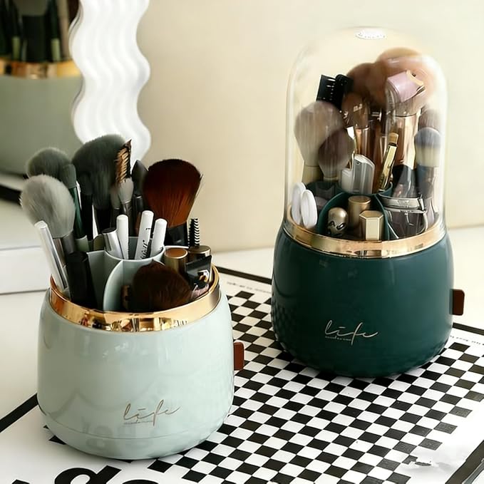 360 Rotating Makeup Brush Holder with Lid,Clear Dustproof Make Up Organizers for Vanity Countertop,Includes a Foldable Bowl for Cleaning Makeup Brush,Transparent, Dustproof-Green