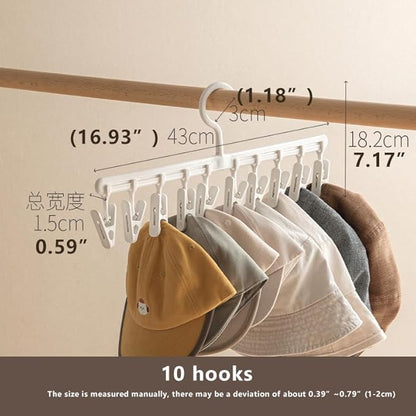 360 Rotating Hat Organizer Rack for Closet - Baseball Cap Holder With 10 Clips - Door Mounted Storage Solution - White
