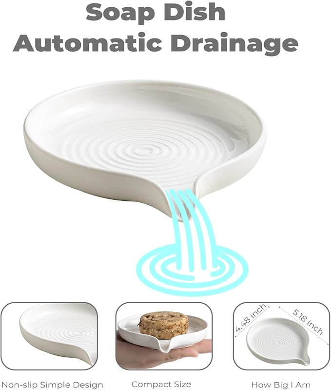 Self Draining Soap Dish, Ceramic Drain Soap Holder Waterfall Design Soap Saver for Shower, Bathroom, Sink, Kitchen and Countertop, Keeps Dry, White