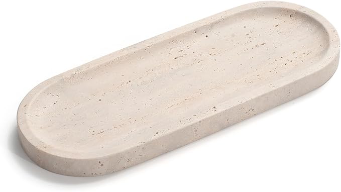 Oval Travertine Stone Tray for Jewelry, Candles, Perfume, Decorative Marble Bathroom Tray for Countertop Organizer 9.8inch x 3.9inch x 0.7inch