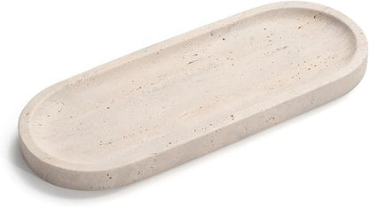 Oval Travertine Stone Tray for Jewelry, Candles, Perfume, Decorative Marble Bathroom Tray for Countertop Organizer 9.8inch x 3.9inch x 0.7inch