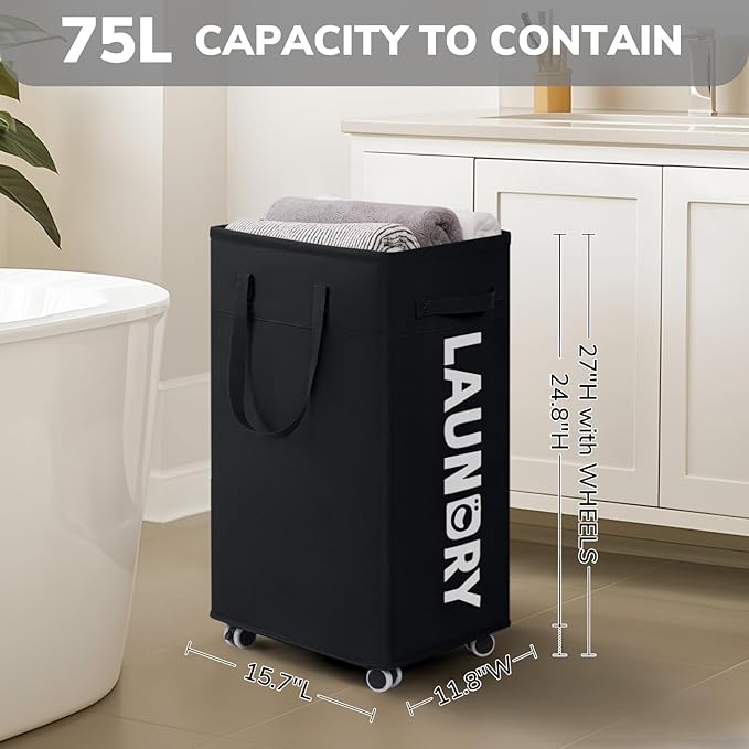 Goodpick Black Laundry Hamper with Wheels, 75L Dirty Clothes Hamper with Removable Wash Bag for Laundry Room, Rolling Laundry Basket