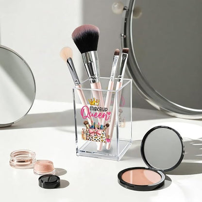 Makeup Queen Acrylic Makeup Brush Organizer Holder, Makeup Queen Desk Acrylic Brushes Storage, Christmas Birthday Gifts for Women Mom Sister Colleague Boss Lady Make Up Artist