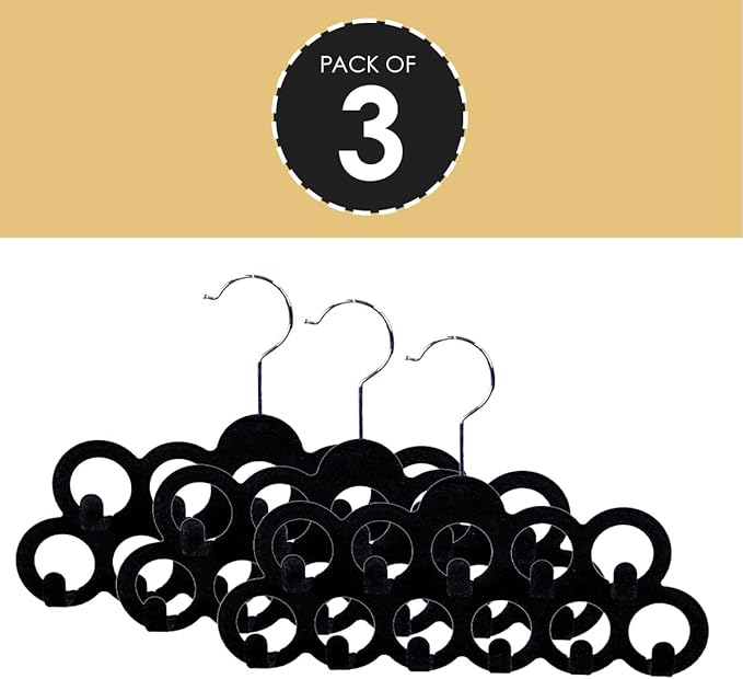 Velvet Scarf Storage Organizer for Closet (Pack of 3), Black | by Home Basics | Scarf Holder for Scarves and Ties | Slim Scarf Hangar Useful for Belts and Jewelry