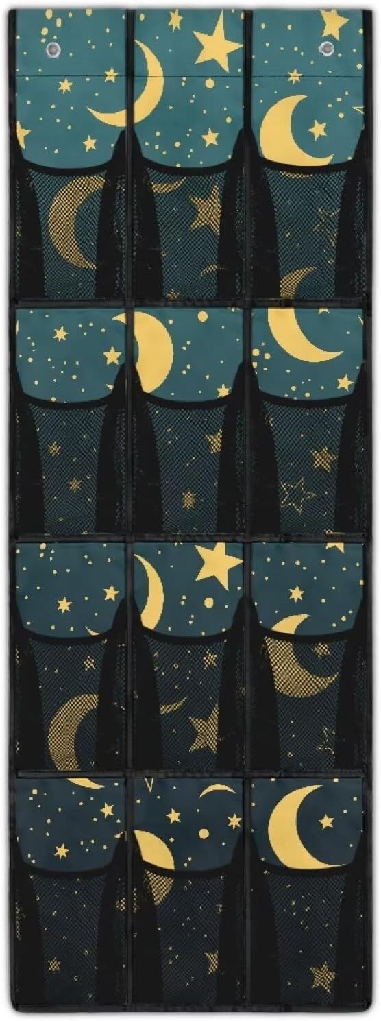 Extra Large 12-Pocket Storage Hanging Bag for Behind The Door, Heavy Duty Oxford Fabric, Waterproof Lightweight and Space-Saving Organizer for Home Use, Moon and Stars