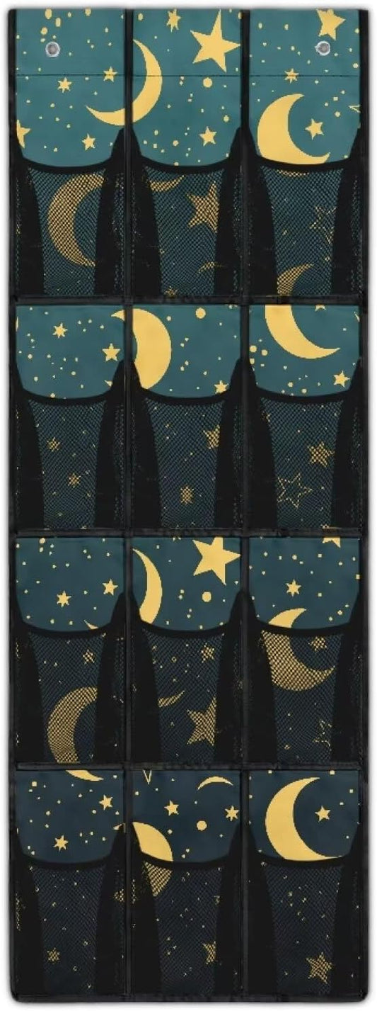 Extra Large 12-Pocket Storage Hanging Bag for Behind The Door, Heavy Duty Oxford Fabric, Waterproof Lightweight and Space-Saving Organizer for Home Use, Moon and Stars
