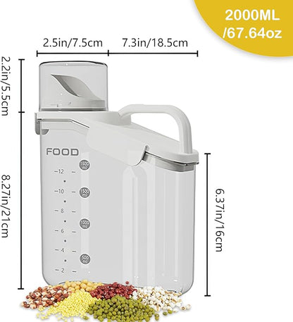 8.27" x 4.33" x 10.63" Dry Food Storage Container with Measuring Cup Lid – 2L Cereal Dispenser Rice Storage Box with Handle – BPA-Free Airtight Grain Container for Kitchen, Pantry, or Pet Food