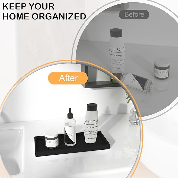 Bathroom Vanity Tray, 7.8 x 3.9 Inch Silicone Bathroom Tray Countertop, Non-Slip Decorative Tray for Bathroom, Kitchen, Toilet to Organize Perfume, Jewelry, Soap, Waterproof, Black