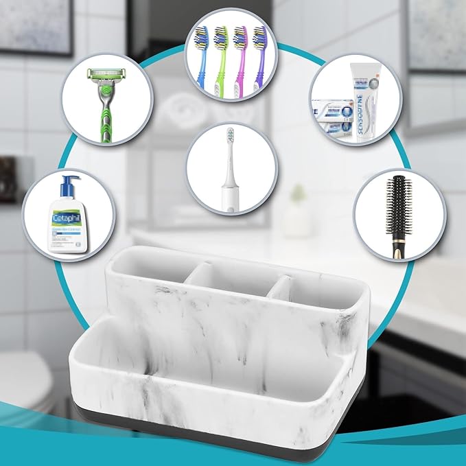 zccz White Marble Design Makeup Organizer - Bathroom Counter Storage for Toothbrushes and Cosmetics - Anti-Slip Cabinet Holder with 4 Compartments - Ideal Vanity Accessory for Organizing Essentials