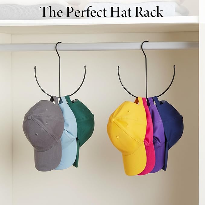 2 Pack Hat Hangers for Closet, Metal Closet Hat Organizer for Baseball Caps, Black Hats Racks Baseball Cap Holder